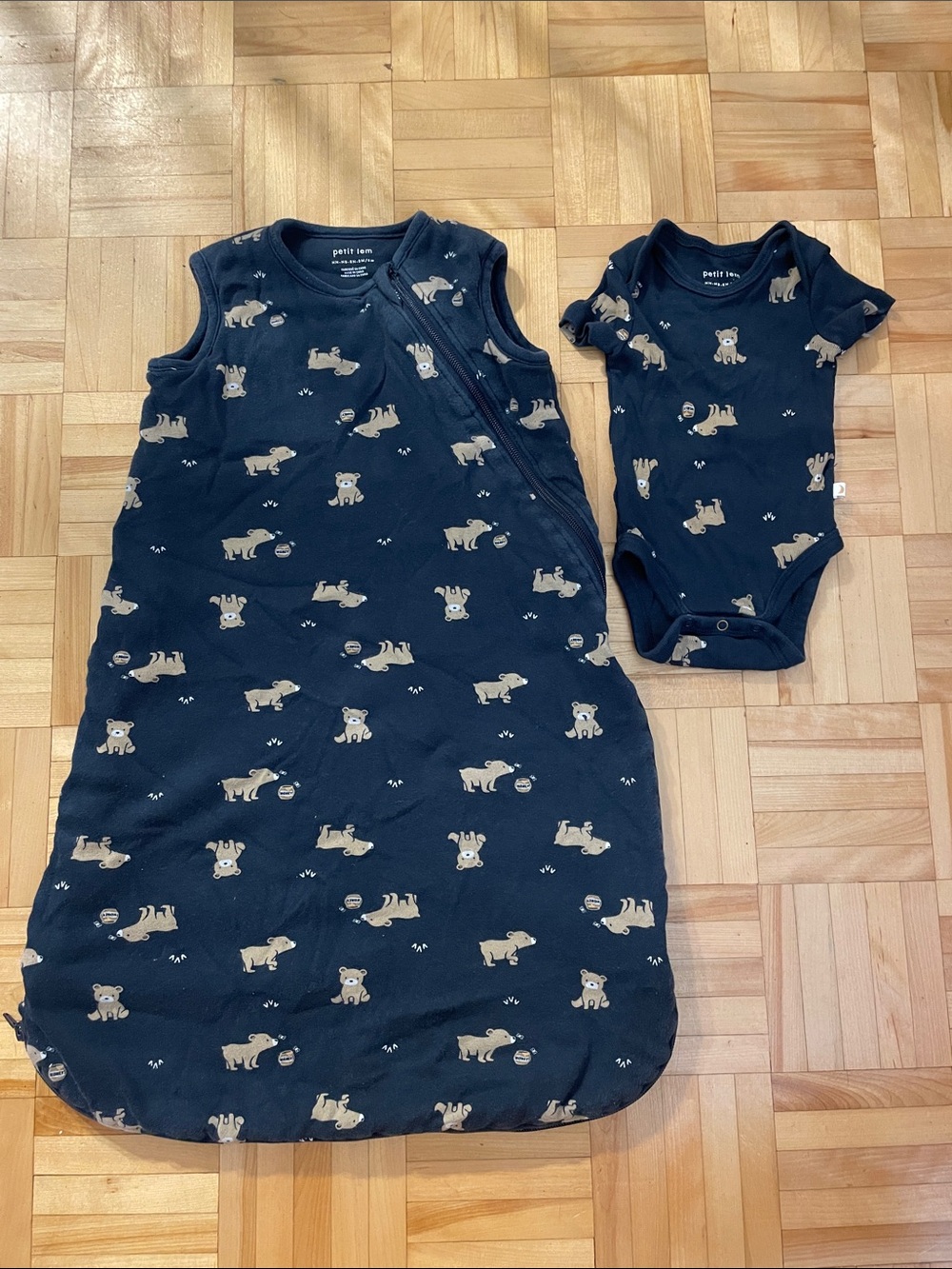 Petit Lem Navy Bear Print Sleep Sack with Matching Bodysuit